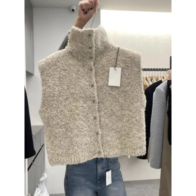

Spring Women Knitted Open Cardigan Sweater High Collar Sleeveless Vest Design Sense Korean Casual Commute Fit