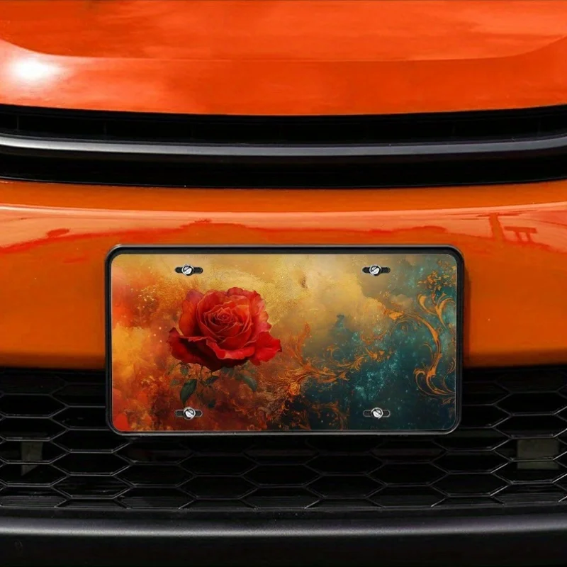 1pc Vintage Red Rose and Cosmic Swirl Aluminum License Plate | 15.24x30.48cm Durable Weatherproof Metal Art for Cars, Trucks, SU