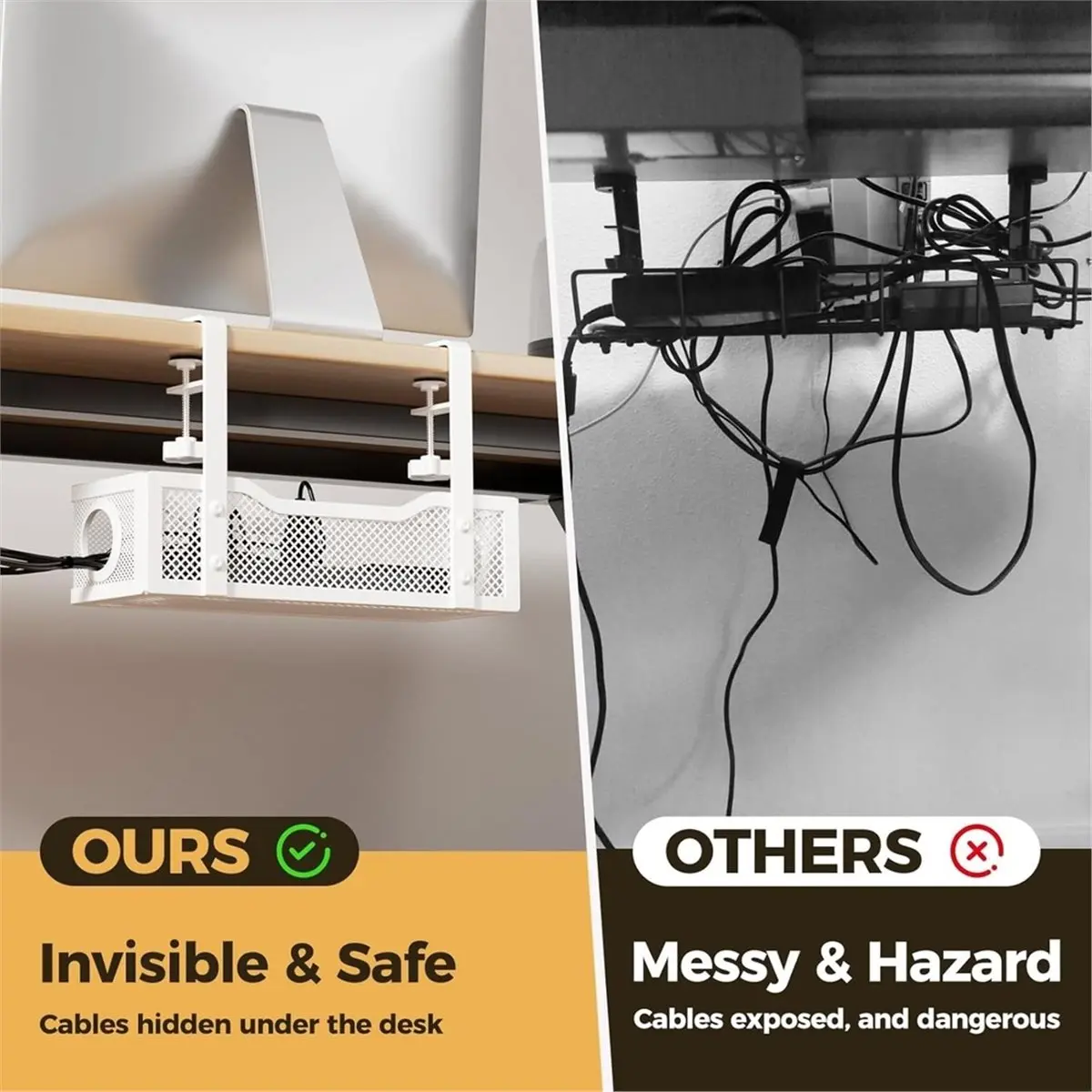 Under Desk Cable Management Tray, Wire Organizers No Drill, Cable Tray with Clamp for Wire Management, Cord Organization