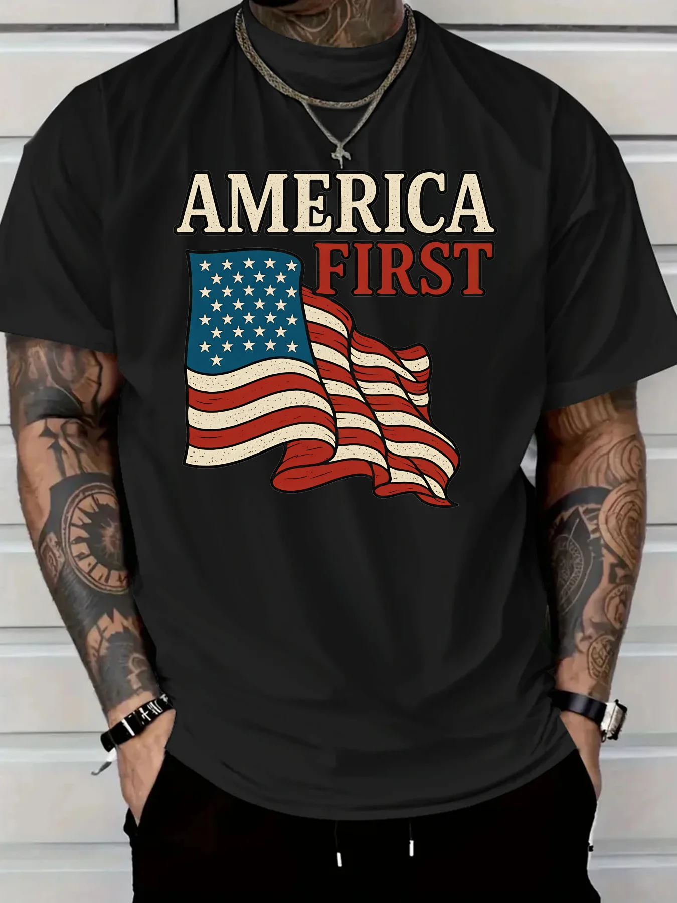 

2025 Мужская повседневная хлопковая футболка с изображением американского первого патриотического флага, с коротким рукавом и круглым вырезом, легкая, дышащая