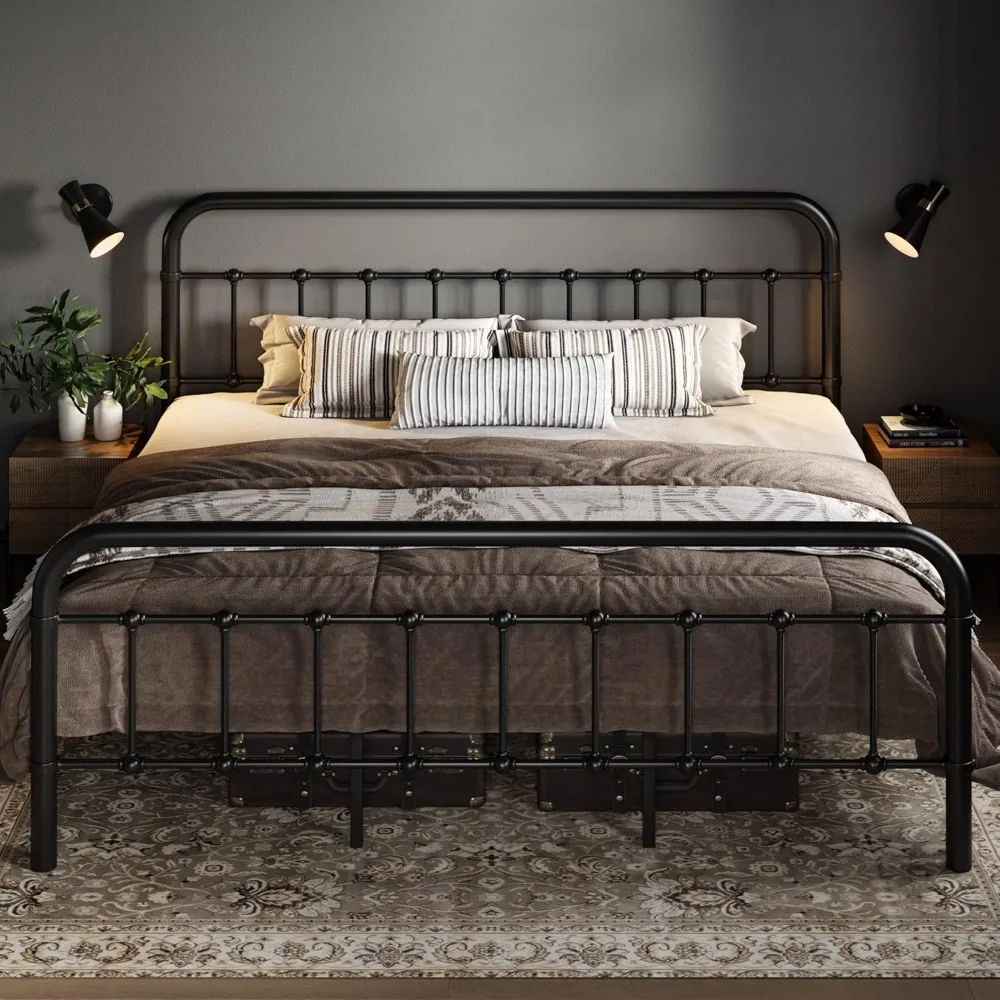 

King Size Metal Platform Bed Frame with Victorian Style Wrought Iron-Art HeadboardFootboard