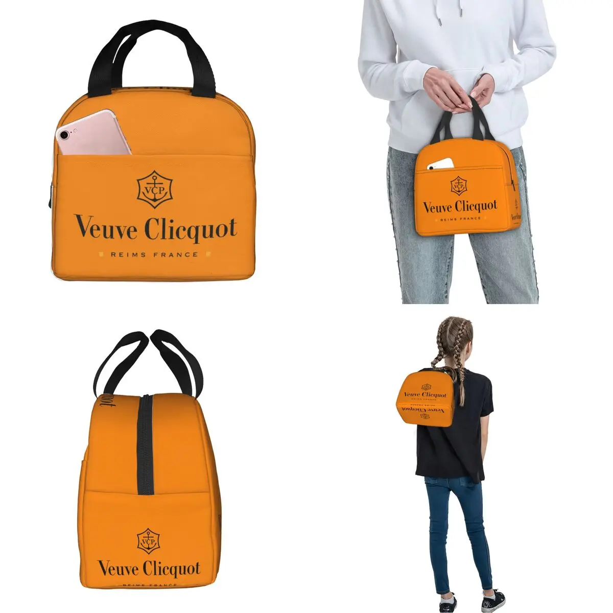 Champagne Orange Black White Insulated Lunch Bag Thermal Bag  Veuves Clicquots Tote Lunch Box Food Handbags School Travel