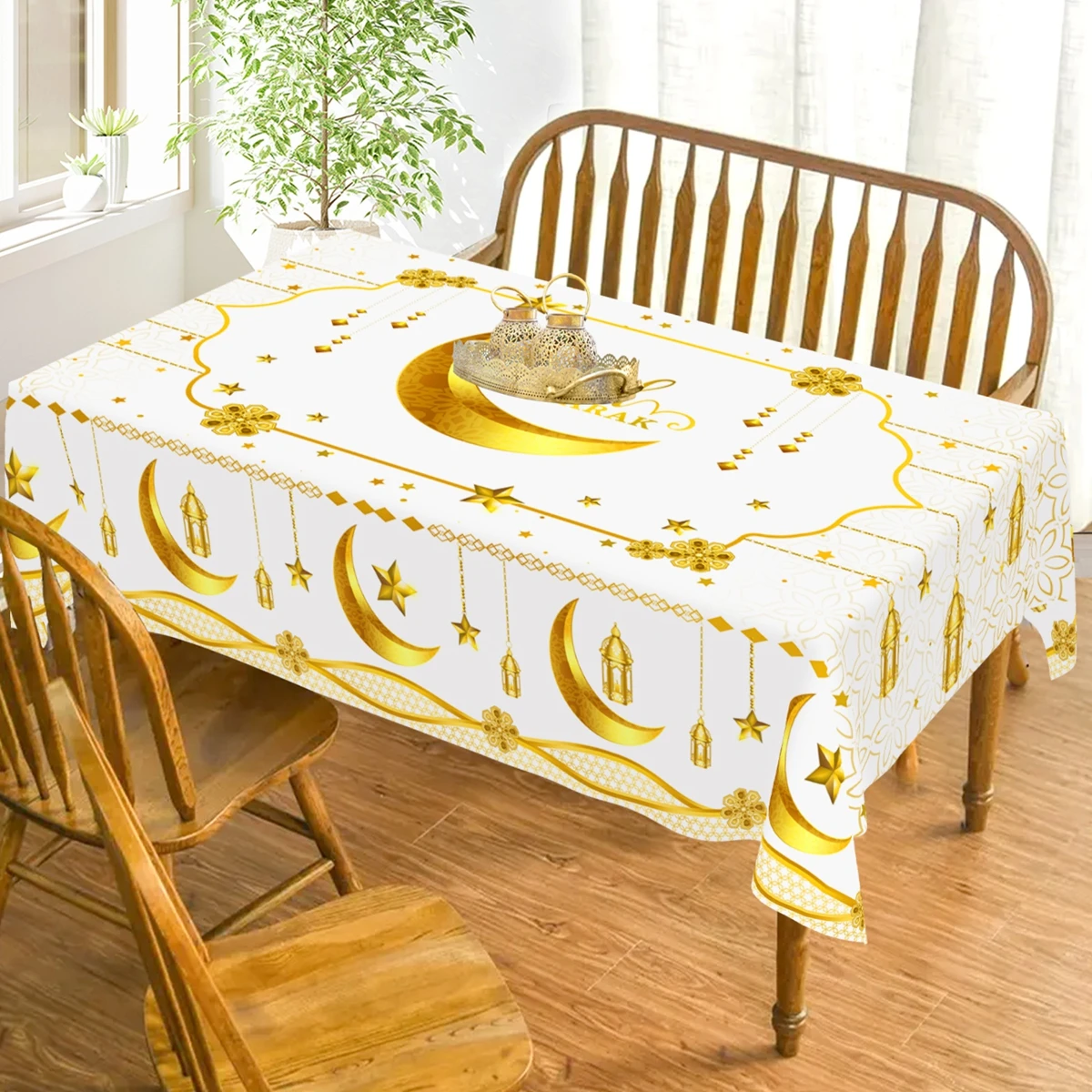 2026 Eid Mubarak Moon Polyester Tablecloth Ramadan Decor 2026 Ramadan Kareem Decor Islamic Muslim Party Supplies Eid Table Cover