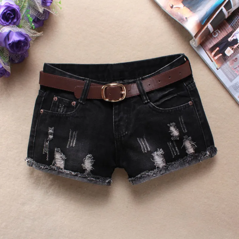 Women's Y2K Low Waist Jeans Shorts Black Printed Letters Ripped Denim Shorts Cuff Tassel Mini Hot Jeans Pants Summer