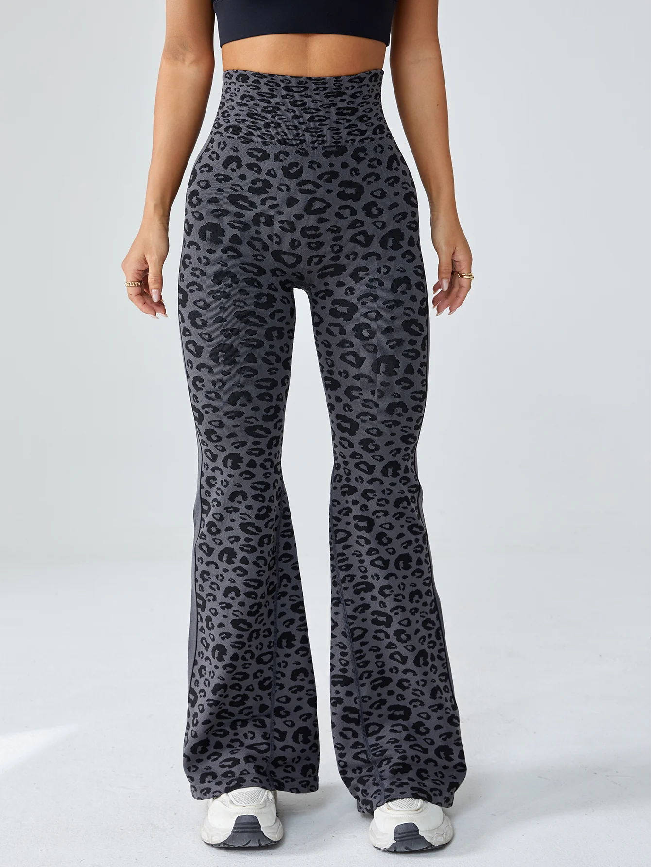 Mallas sin costuras de cintura alta para gimnasio para mujer, pantalones Retro con estampado de leopardo, mallas ajustadas para correr, pantalones acampanados, mallas de Yoga