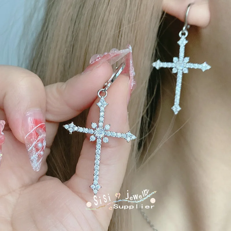 

ML-YSS Moissanite Style Sisi Small Waist Design Zirconia Cross Necklace Women 18K White Gold Plated Cold Style Earrings