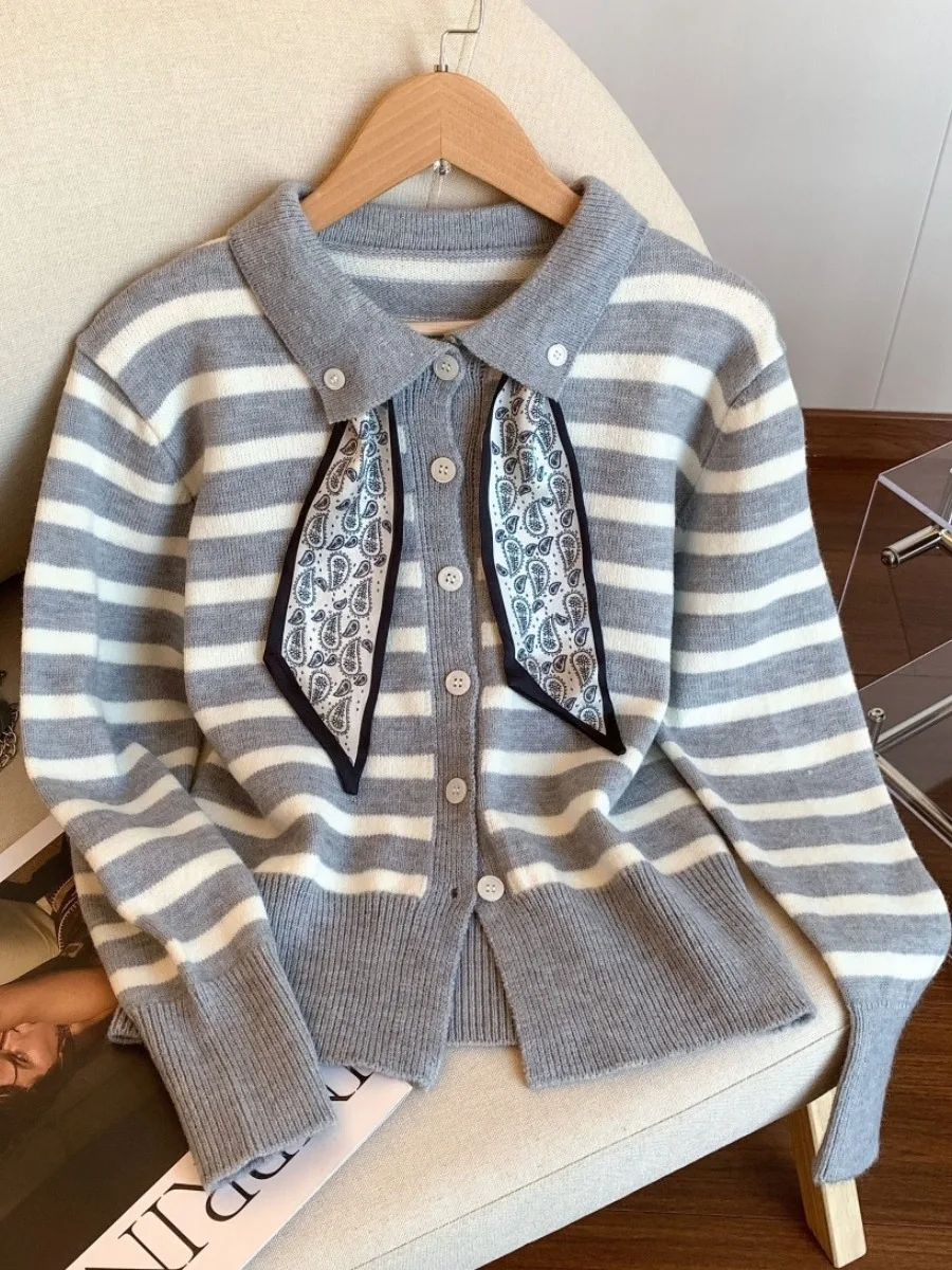 

Korean Sle Loose Comfortable Versatile Scarf Collar Open Cardigan Women's Autumn Winter New Loose Lazy Color Blo Striped Top