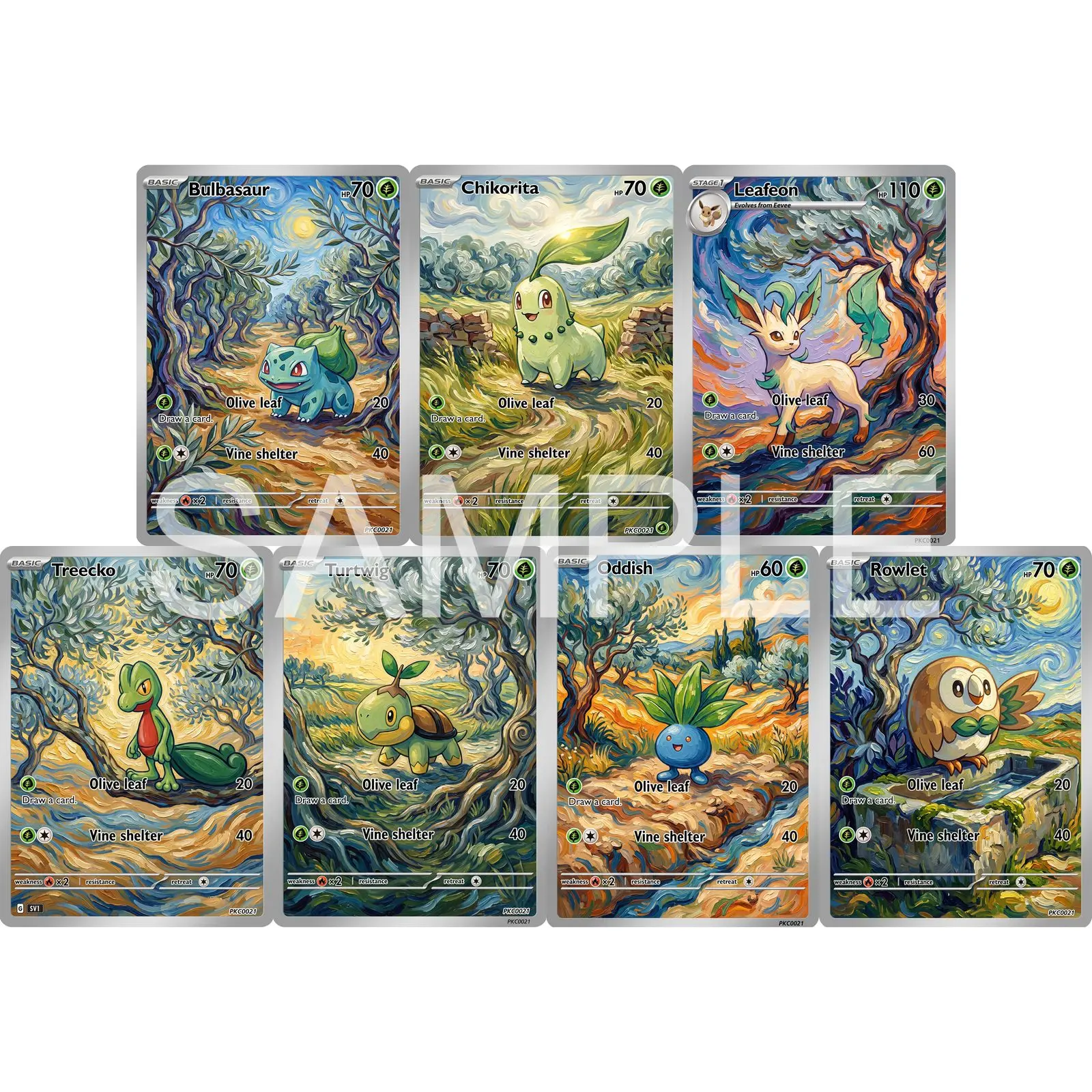 7Pcs PKM Cards PTCG Van Gogh Style Bulbasaur Chikorita Leafeon Treecko Turtwig Oddish Rowlet Custom Art Set Cards PTCG Gift