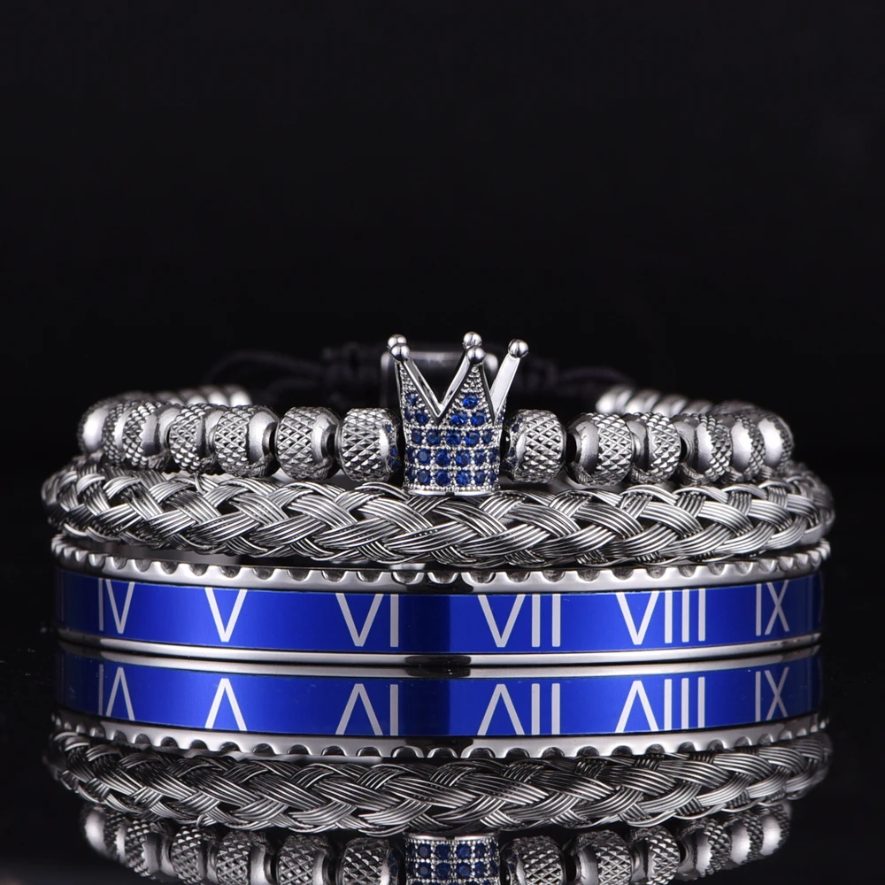 Luxury Roman Royal Micro Pave Blue CZ Crown Sets Bracelet Men Stainless Steel PulseirasOpen Adjustable Jewelry Dropshipping