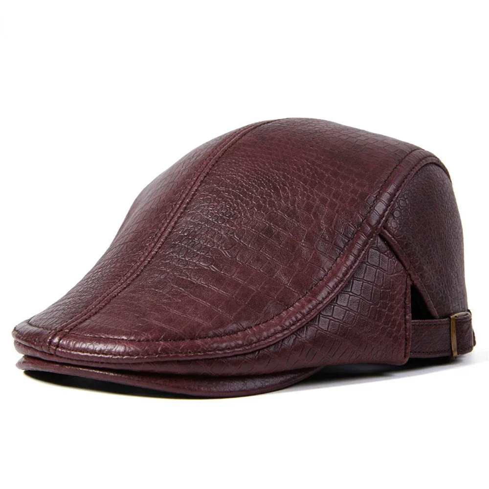 

FLAT CAP Mens Winter Hat Real Leather Beret Burgundy Genuine Sheepskin Leather Newsboy Vintage Driving Duckbill Hats Adjustable