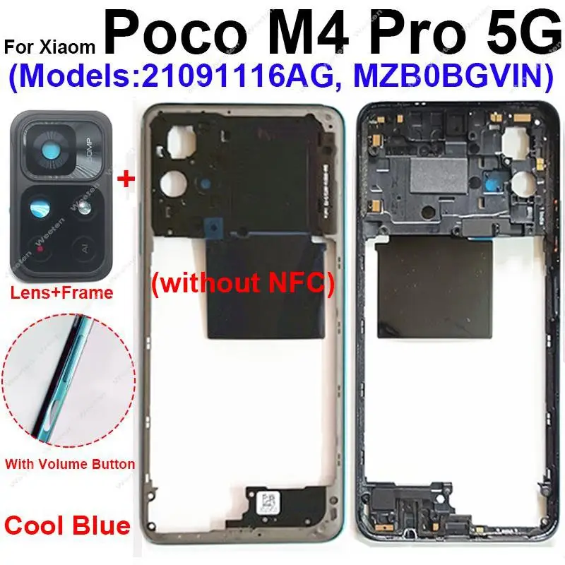 Carcaça de moldura intermediária para xiaomi poco m4 pro m4pro 4g 5g, capa de suporte de moldura intermediária com peças de chave de volume de