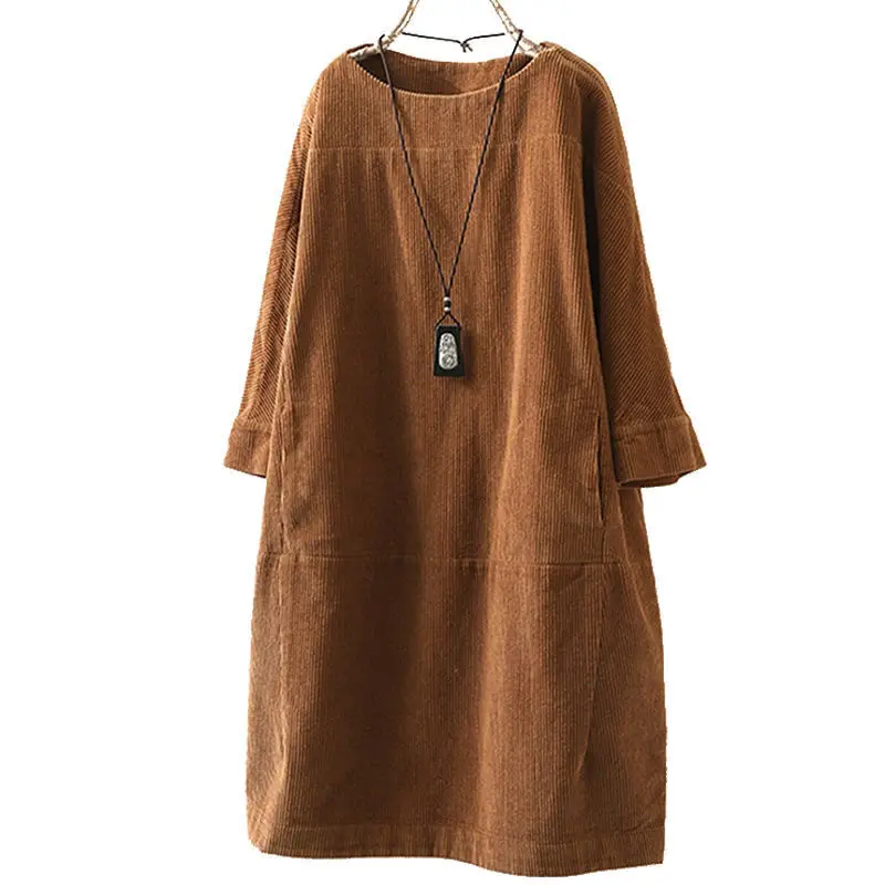 New Autumn and Winter Models Corduroy Return To The Ancients Solid Color Dresses Loose FatMM Large Size Women's Dress Loungewear