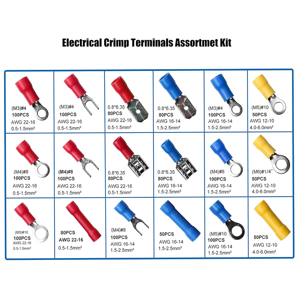 1500 insulated wire electrical connectors - Ring, fork, shovel, and butt crimp terminal combination kit