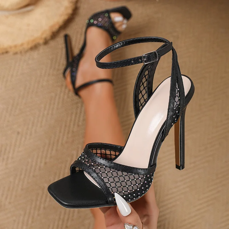 

Aneikeh Fashion Mesh Hollow Out Ankle Strap Sandals Women Summer Square Open Toe Rhinestone Mesh High Heels Party Prom Shoes
