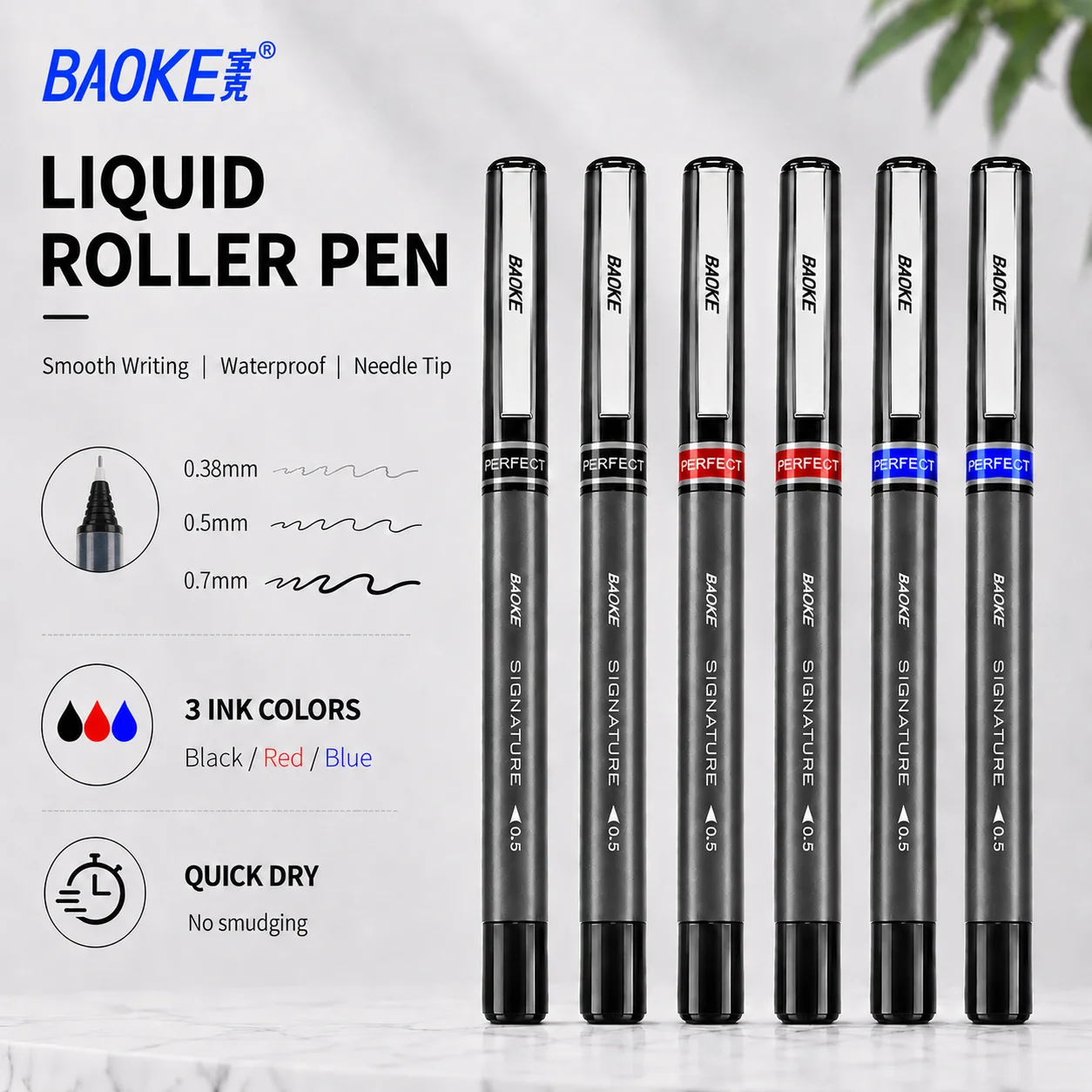 BAOKE Quick Dry Liquid Ink Roller Pens, 0.38mm/0.5mm/0.7mm Fine Point, Black/Red/Blue Color, for Office School
