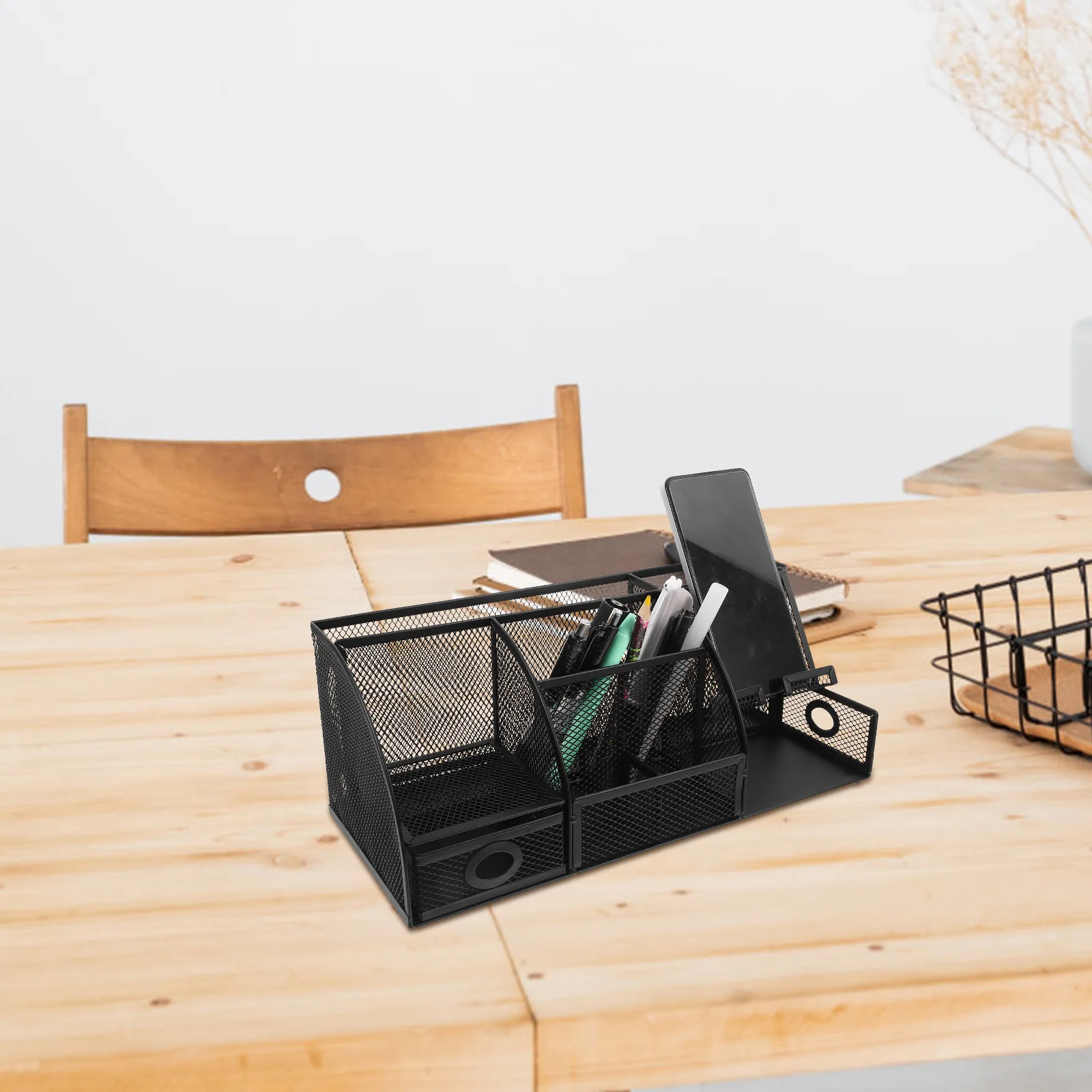 

Iron Desktop Organizer Storage Container Desk Storage Box Office Stationery Holder Black Space-Saving Modern Container