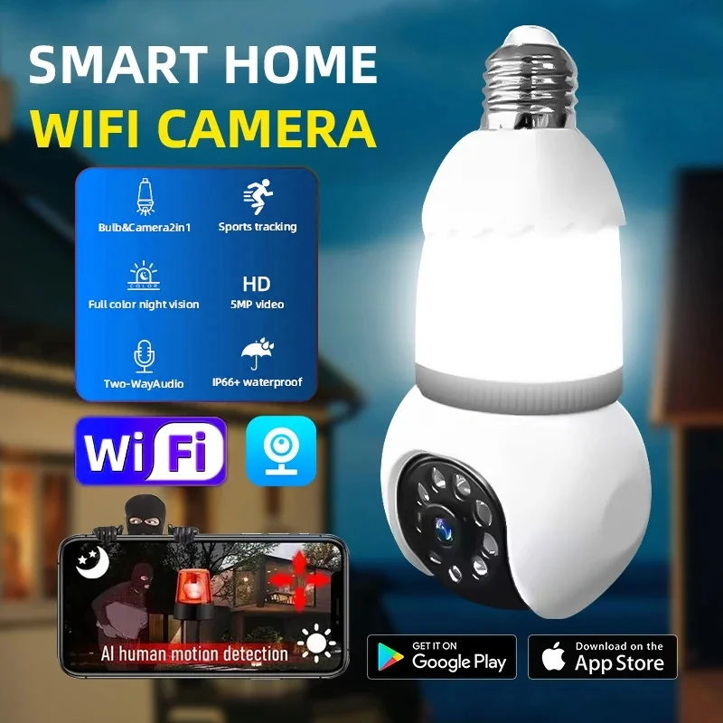 5MP 4K WIFI Wireless Monitor Camera Surveilance with LED Bulb HD Night Vision Full Colour Camera Smart AI Tracking Two-way Audio