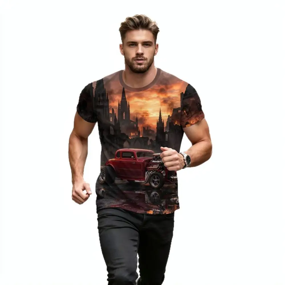 Mens Round Neck Graphic Tee Vintage Castle Car Print Summer Casual Breathable Quick Dry Sporty Short Sleeve Shirt