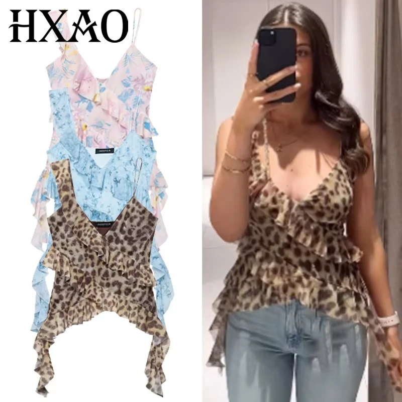 HXAO Leopard Mesh Top Women Tanks & Camis Summer 2025 Sexy Layered Sleeveless Tops For Woman Ruffled Backless Tulle Camisole 066