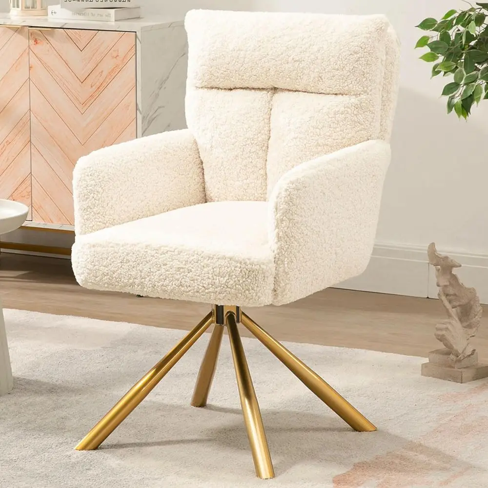 

Teddy Oice Desk Chair No Wheels, ern Vanity Chair with Gold Legs, Boucle Comy Swivel Accent Chair, Wide Seat Computer Task Readi