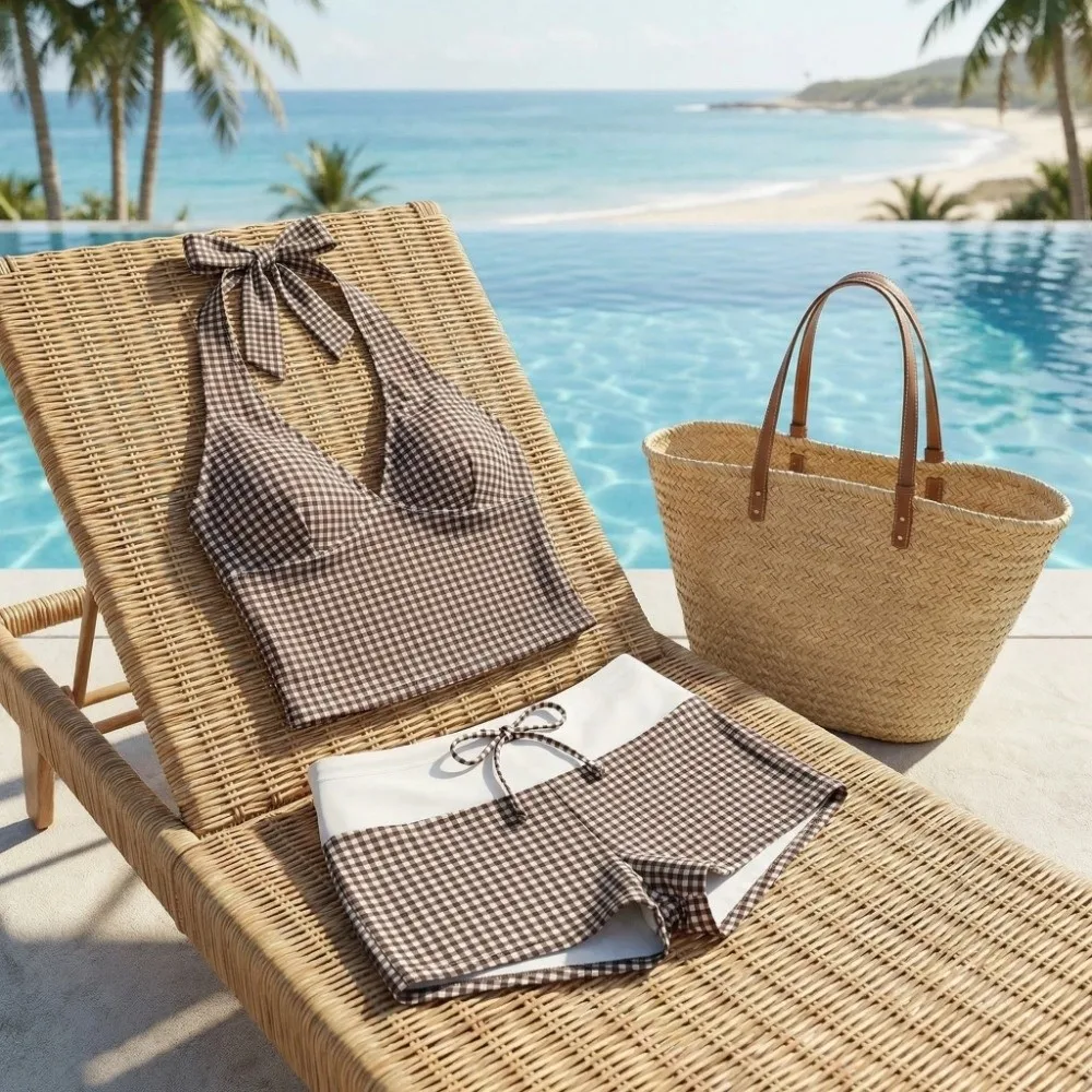 

Повседневный комплект бикини из двух частей с лямкой через шею, в стиле Y2K, облегающий, в полоску, с V-образным вырезом, летний, в клетку, для отпуска