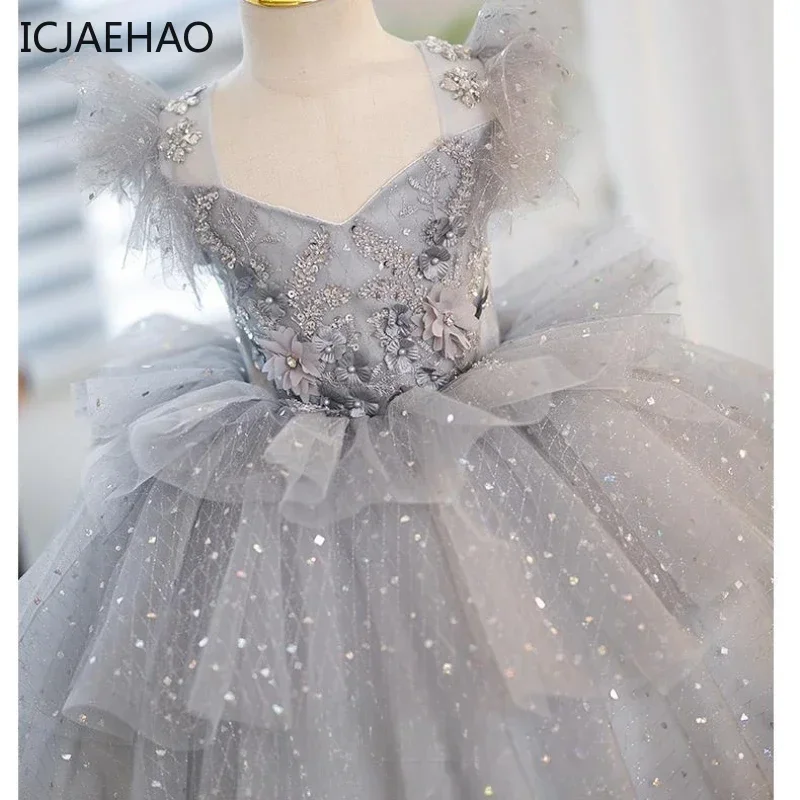 ICJAEHAO 2025 Kids Bubble Dresses for  Gown V-Neck  Performance CostumeGirls Luxury Princess Fancy Sequins Tulle Children Ball