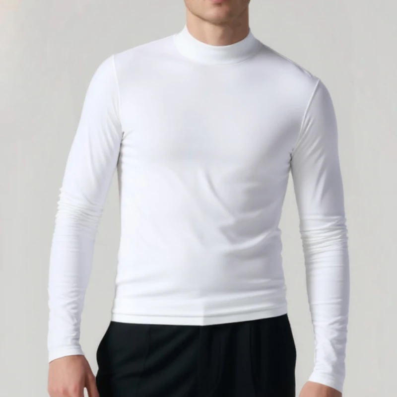 

Autumn New Men's Mock Collar Pullover Long Sleeve Slim Fit Solid Color High Elastic Bottoming Pullovers Basic Male T Shirts Tops