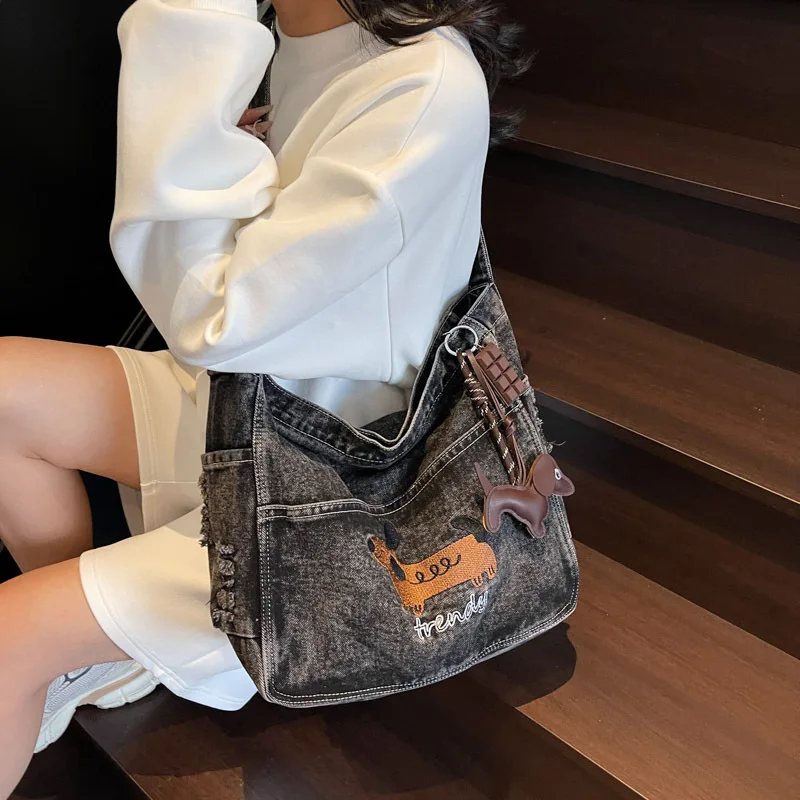 2025 New Dachshund Embroidery Denim Bag, Casual Versatile Commute Shoulder Crossbody Bag, Student Schoolbag & Storage Bag