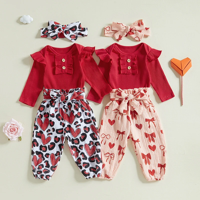 Mubineo Baby Girls Clothes Outfits with Bow Headband Bow Love Heart Pattern Crew Neck Long Sleeve Rompers with Pants 3 Pcs Set