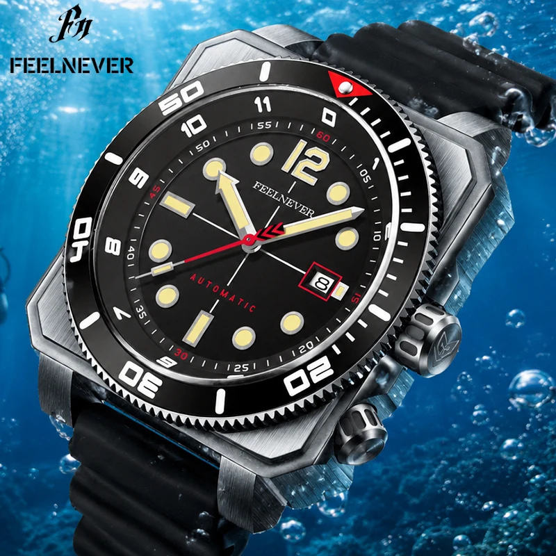 FEELNEVER Automatic Watch For Men Fashion Black Silicone Sapphire Diver Watch Men Square Luminous Men's Mechanical Wristwatches