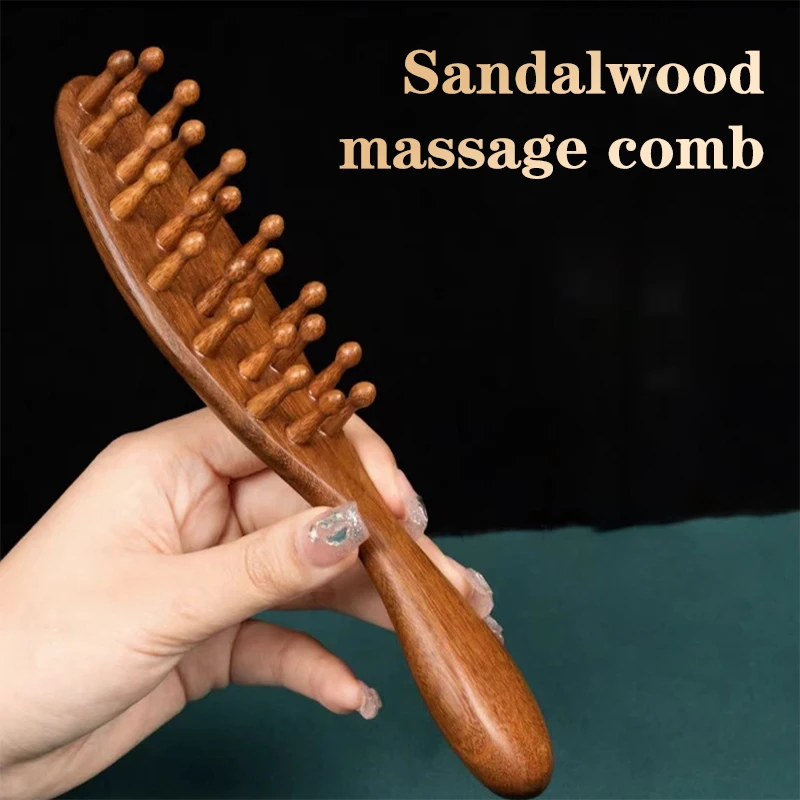 Golden Sandalwood Comb Head Meridian Comb Natural Sandalwood Long Handle Comb Multifunction Insert Teeth Massage Comb 22 Nails