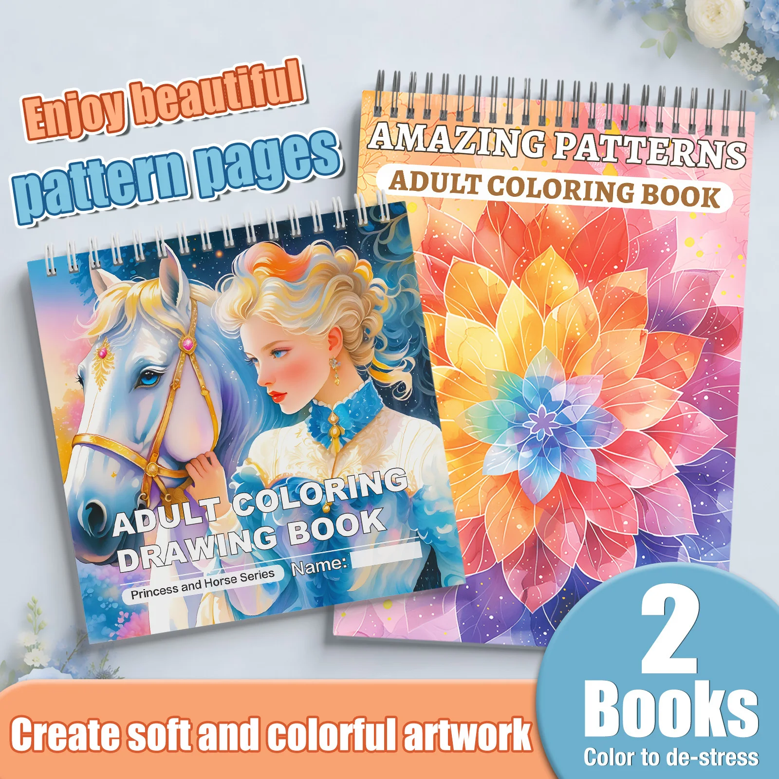 Adult Coloring Book Set 2-Pack: Princess & Horse Fantasy Drawing Book + Amazing Patterns Mandala Coloring Book