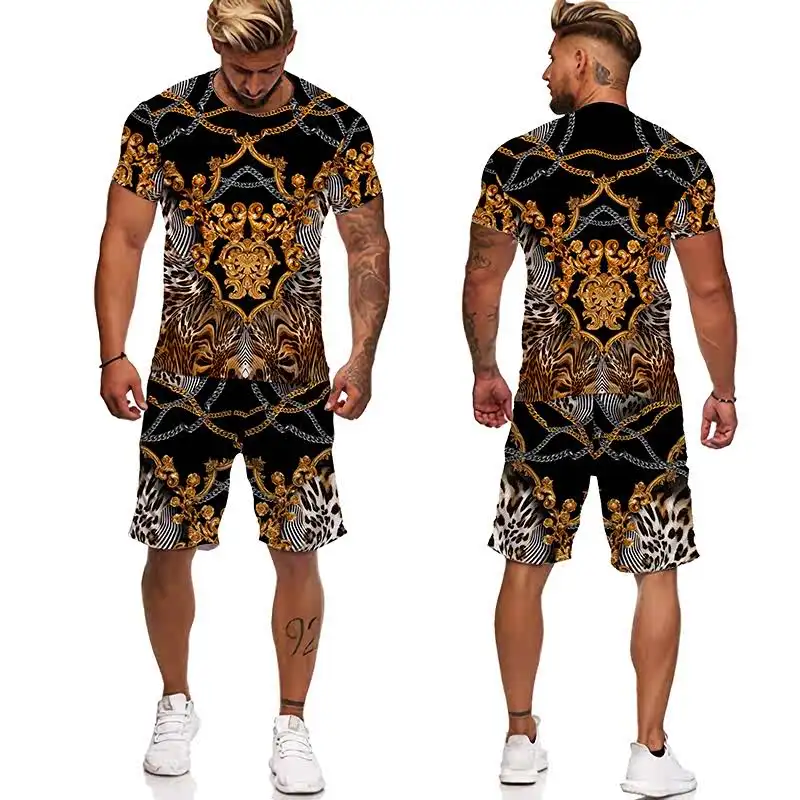 

Loose Casual Men's Digital Printed Suit Comfortable Cotton T-irt And orts Set for Spring Summer Teenage Boys Faion