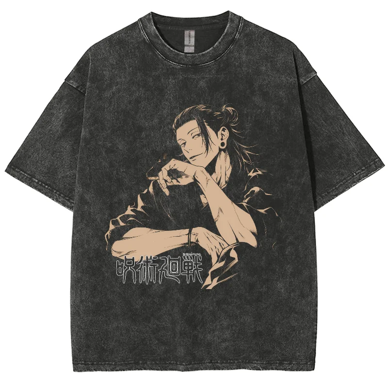 Anime Y2K Jujutsu Kaisen yıkanmış Unisex gömlek, Suguru Geto boy Tshirt, erkekler kadınlar için Streetwear Vintage yıkanmış kısa Tshirt