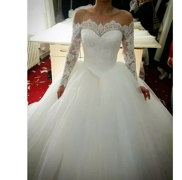 Customized Off The Shoulder Lace Appliques Wedding Dresses Robes De Marriage Court Train Ballgown Plus Size Cheap Bridal Gown