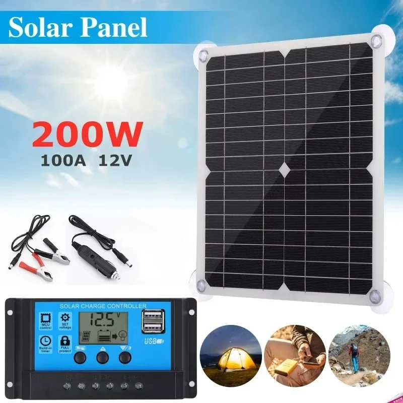 

200W Solar Panel Kit With 100A Controller DC 18V Portable Power Charger for Bank Battery Camping Car Boat RV Plate Panels