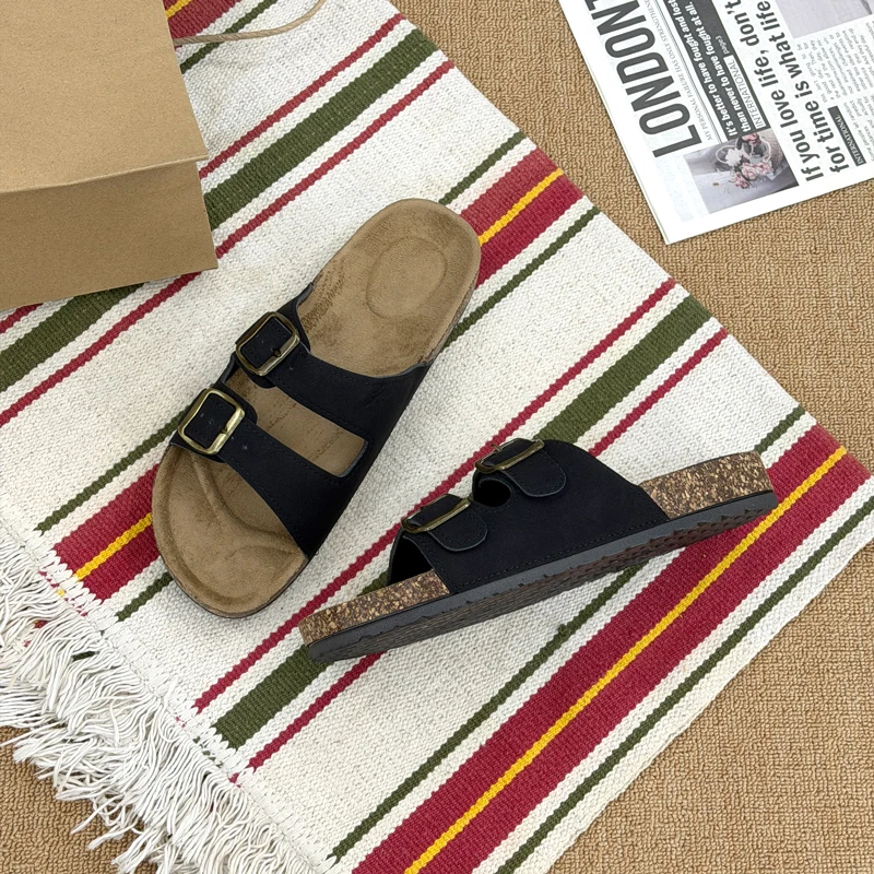 Summer Trend Cork Cool Slippers Couple Double Strap Thick Bottom Outdoor Sandals Anti slip Comfortable Flat Shoes