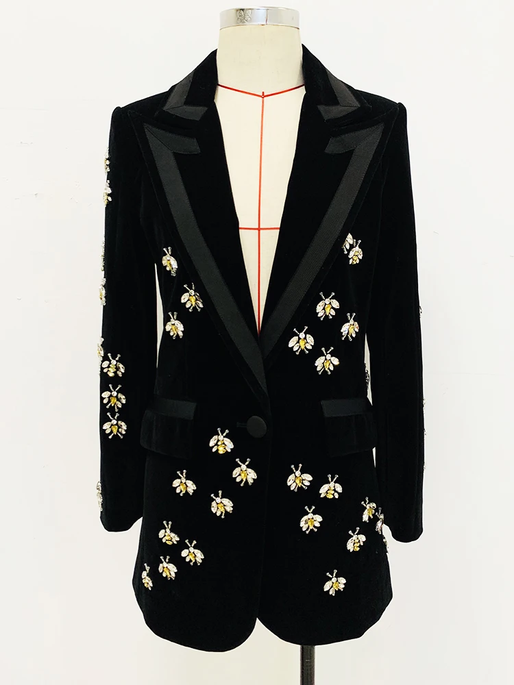 HIGH STREET Newest 2024 F/W Designer Jacket Women\'s Single Button Stunning Rhinestone Diamonds Beaded Bee Velvet Long Blazer