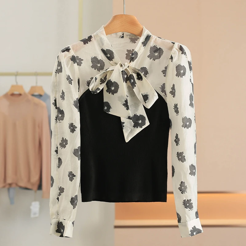 

Slim Fit Knitted Shirt Spring Collection Viscose Fiber Printed Patchwork Long Sleeve Women's Comfortable Breathable Shirt