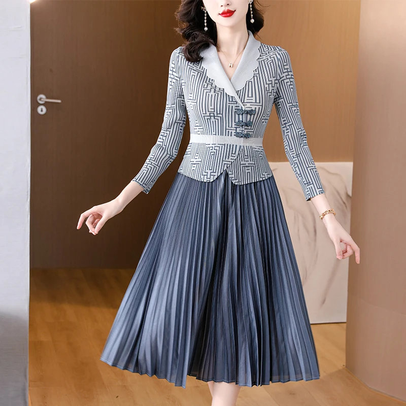 Spring Dress Women Fashion Pleated Print Stand Collar Single-Breasted Beaded Three-Quarter Length Sleeves Cardigan