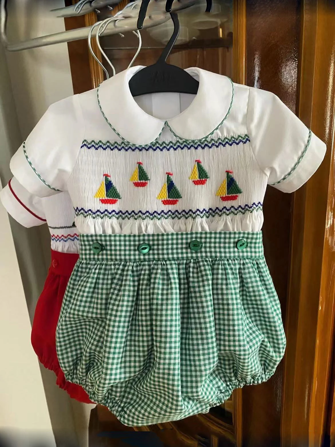 0-6Y Boy Summer Sailboats Smocked Outfit Suit