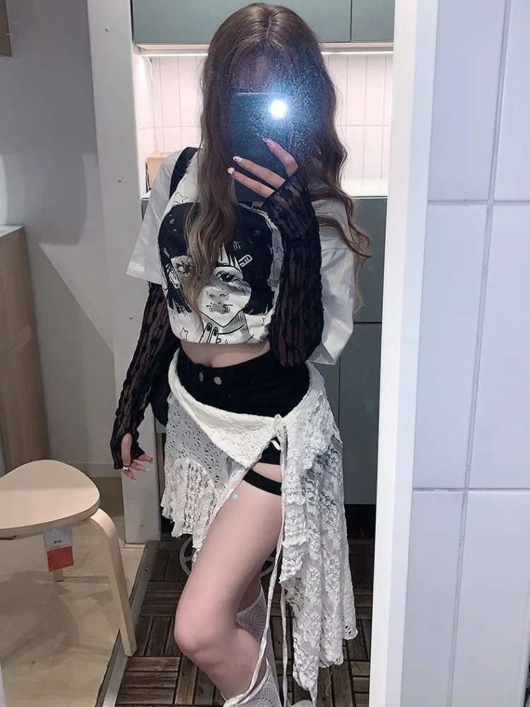 2024 New White Ruched Skirt for Women Fashion Simple High Waist Lace Up Skirts Y2k E-Girl Mid-length Hollow Out Faldas Mujer