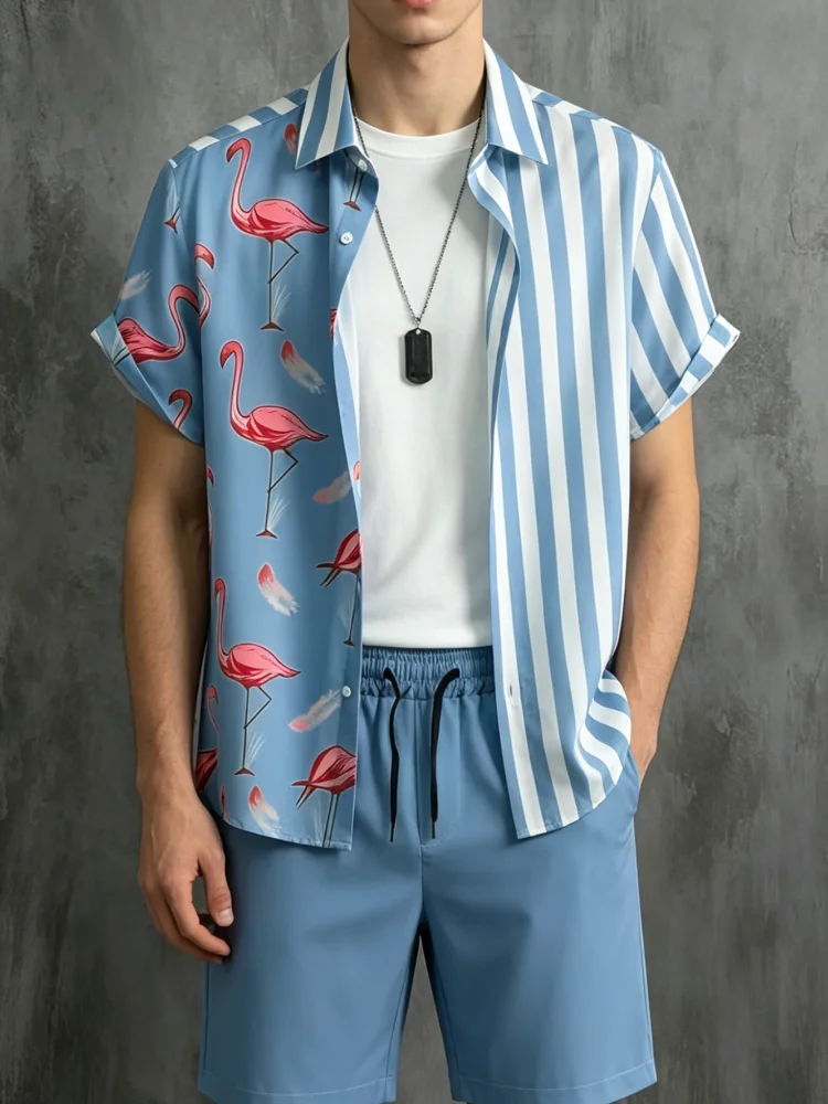 

2026 New Tracksuit Men's Flamingo Print Striped Hawaiian Shirt and Shorts Set Summer Beach Vacation 2 Piece Outfit Beachwear