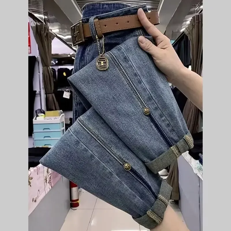 المألوف عالية الخصر مطاطا الدينيم الجينز المرأة فضفاضة نمط الرجعية رصاصة صغيرة سليم هارلان السراويل منتصف الخصر سستة الديكور