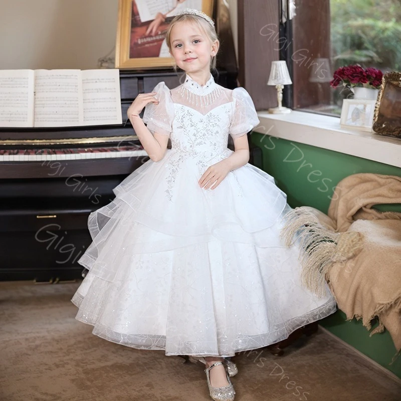 فستان الأميرة بطول الكاحل للفتيات برقبة عالية وأكمام قصيرة فستان فتاة الزهور مطرز بالدانتيل لحفلات أعياد الميلاد مخصص