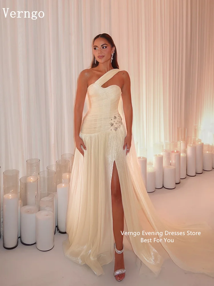 Verngo elfenbeinfarbenes, glänzendes Abendkleid, eine Schulter, A-Linie, Seitenschlitz, Ballkleider, luxuriöses Pailletten-Seiden-Partykleid, Arabia Maßgeschneidert