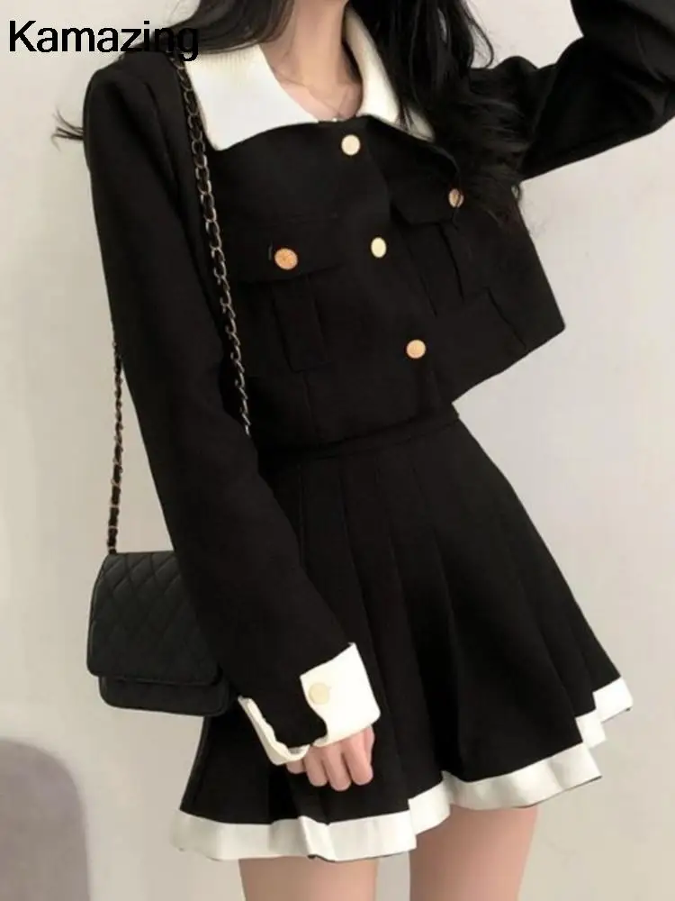Korean Chic Two-piece Skirt Sets Patchwork Long Sleeves Cropped Top High Waist Pleated Mini Skirt Autumn Winter Y2K New Outfits