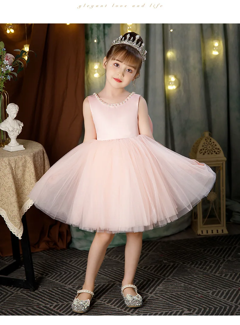 Elegant Princess Toddler Flower Girl Dresses Birthday Knee Length Bow Pearls Wedding Party Holy Communion Gown for Kids Baby