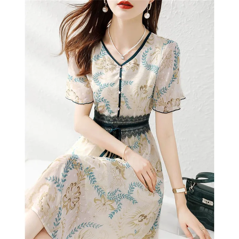 2022 Summer Fashion Korean Elegant V Neck Short Sleeve Lace Patchwork Slim Dresses for Women Chic Sweet Tunic Midi Dress Vestido