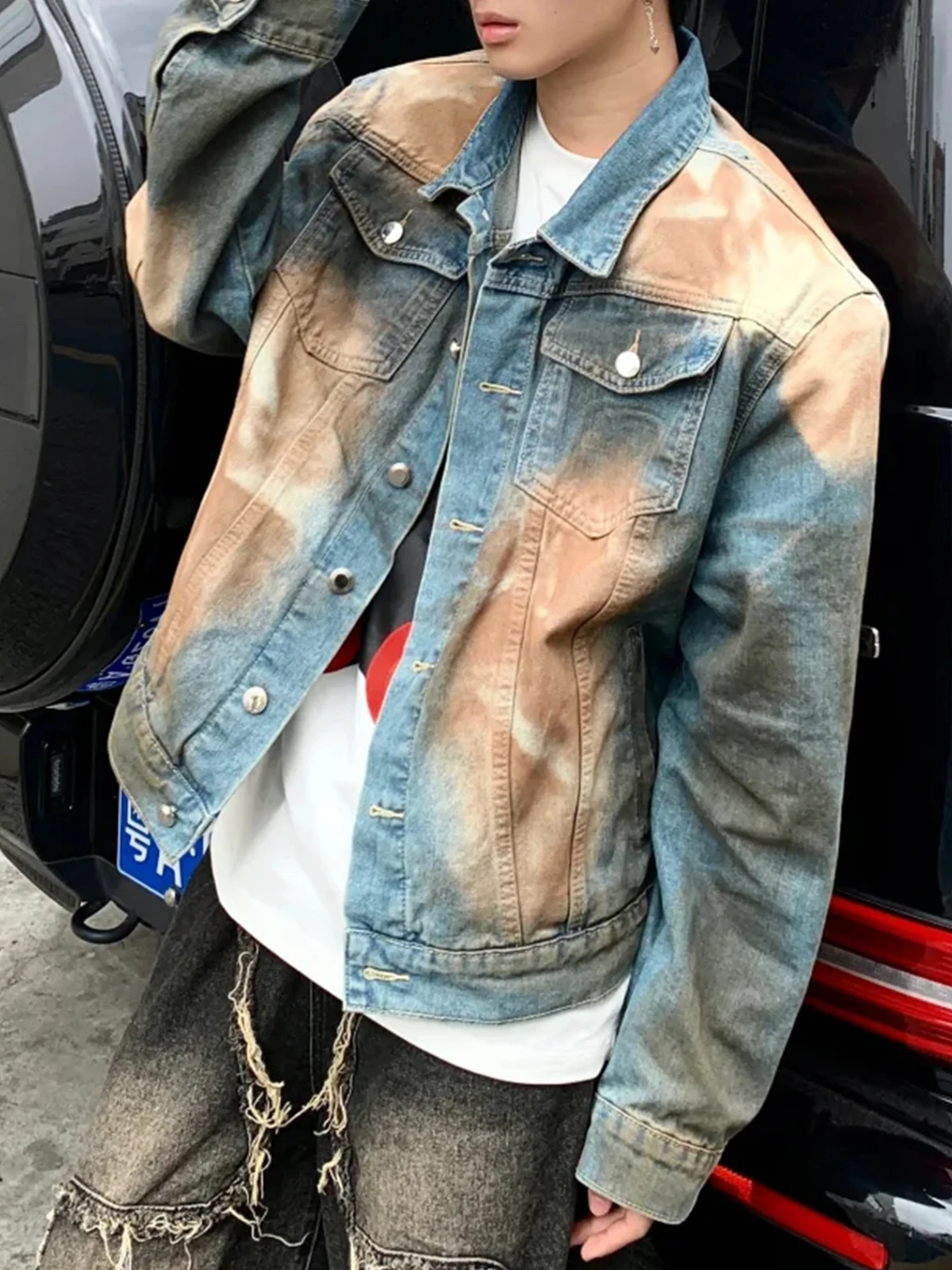 

Мужская джинсовая куртка в стиле тай-дай, свободного кроя, для уличной моды, повседневная, молодежная, осенняя верхняя одежда